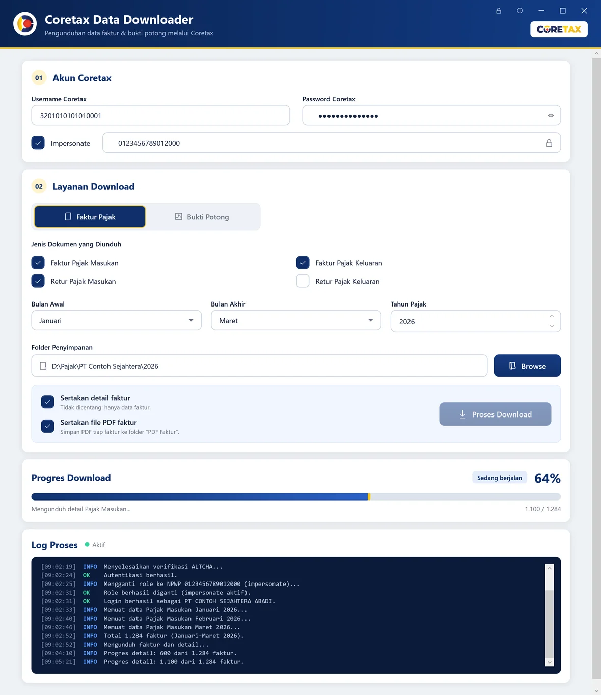 Screenshot asli Coretax Data Downloader saat menarik Faktur Pajak Masukan, Keluaran, dan Retur Januari–Maret: progres 64% dan log proses