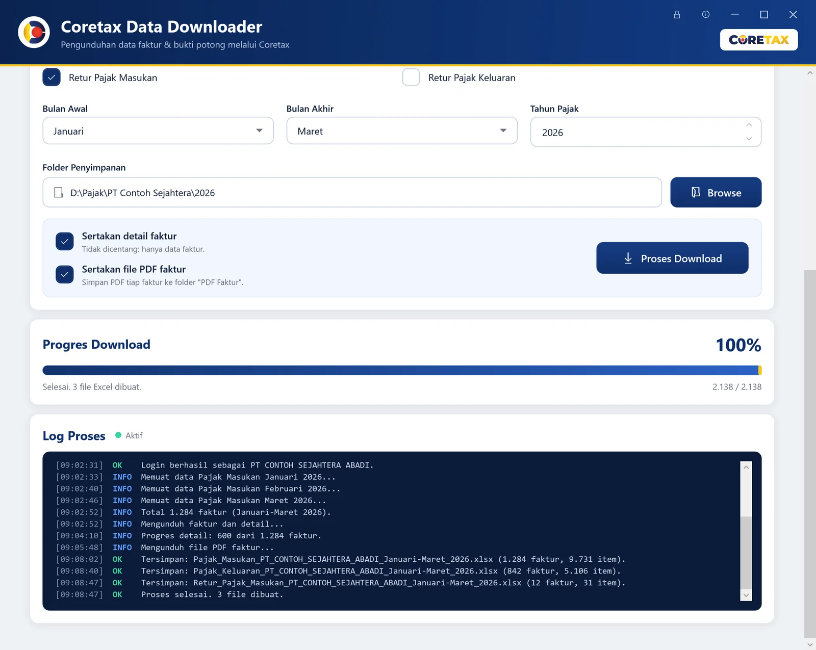 Screenshot asli Coretax Data Downloader setelah proses selesai: progres 100% dan log berisi tiga file Excel yang tersimpan