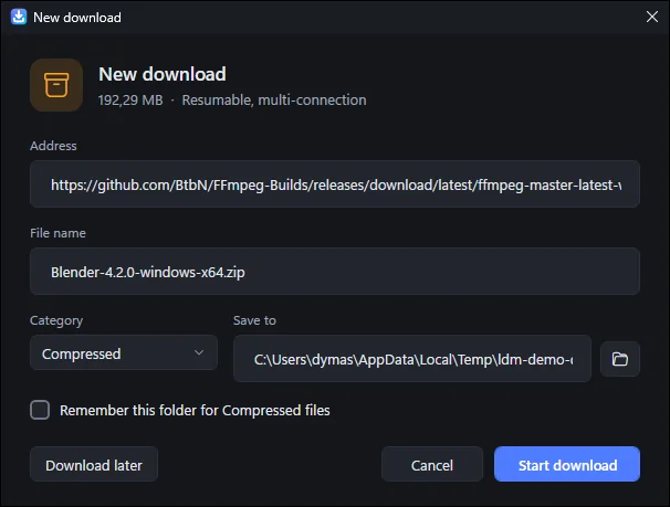 Dialog New download Light Downloader berisi alamat, nama berkas, kategori, dan folder tujuan
