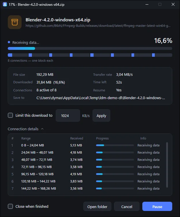 Jendela progres Light Downloader dengan peta segmen 8 koneksi, kecepatan transfer, sisa waktu, dan tabel detail koneksi