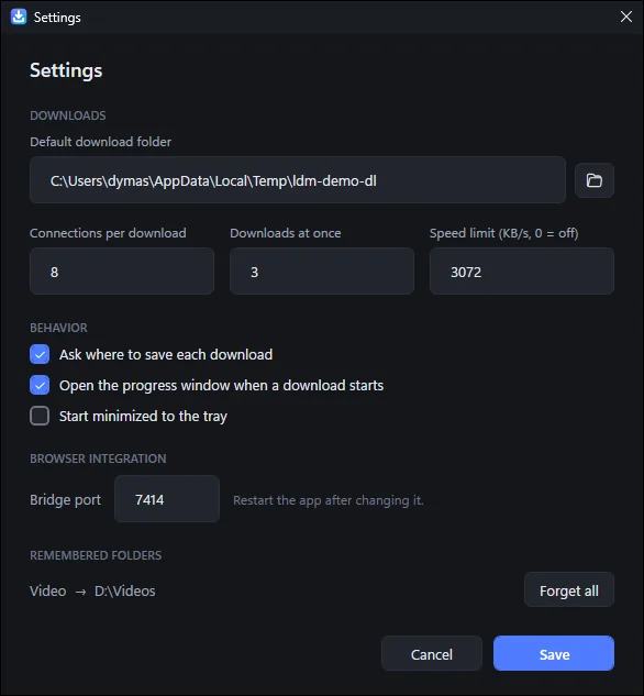 Jendela Settings Light Downloader: folder unduhan, jumlah koneksi, unduhan bersamaan, batas kecepatan, dan port jembatan browser