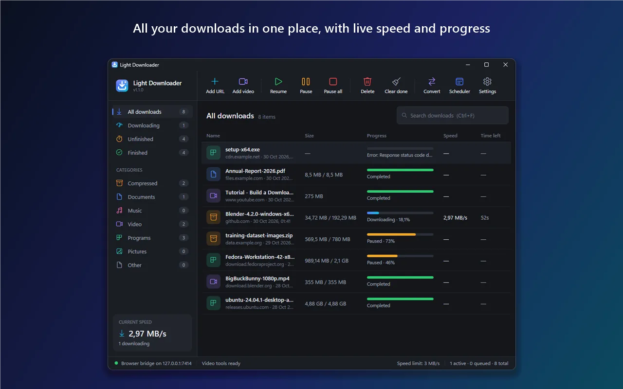 Light Downloader main window listing downloads with live speed and progress