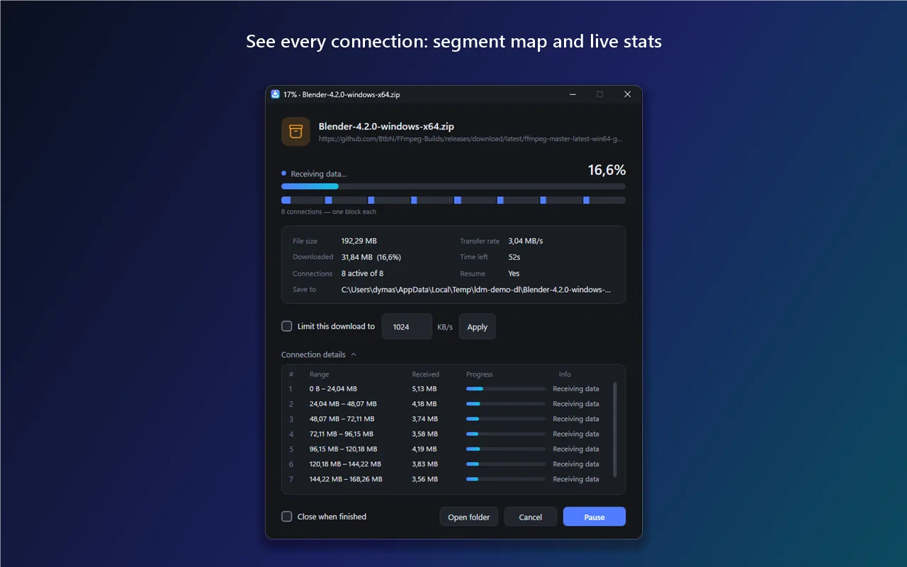 Progress window with a segment map showing one block per connection