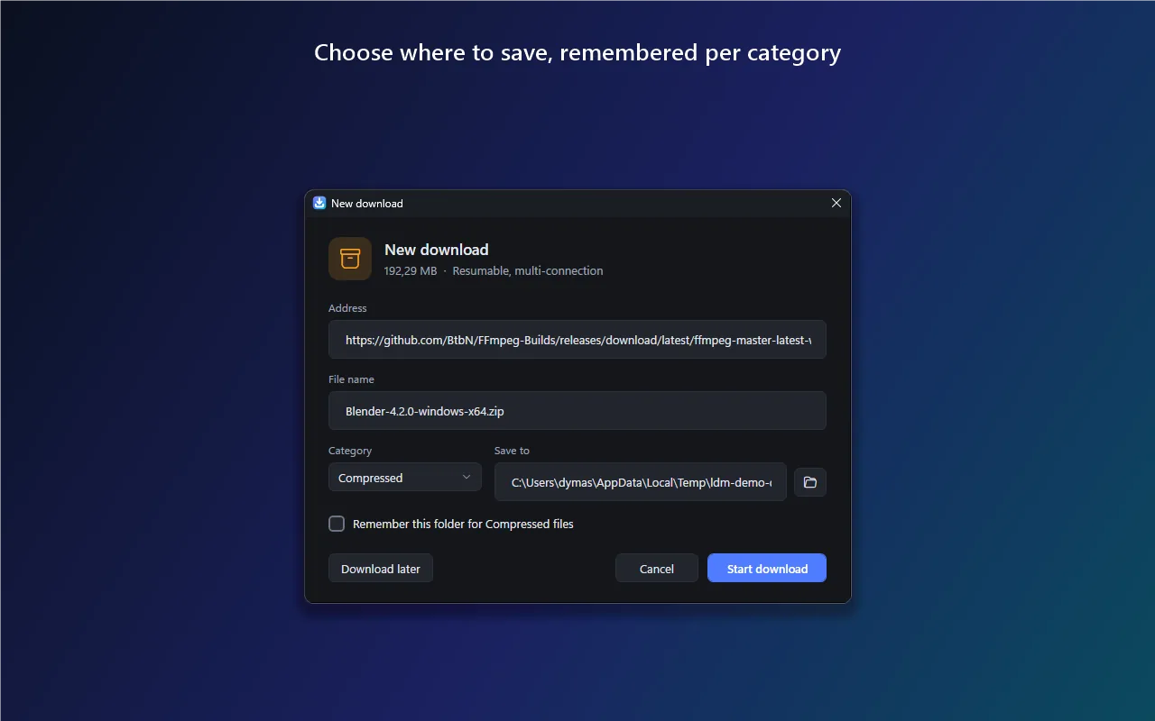 New download dialog asking where to save, with a folder remembered per category